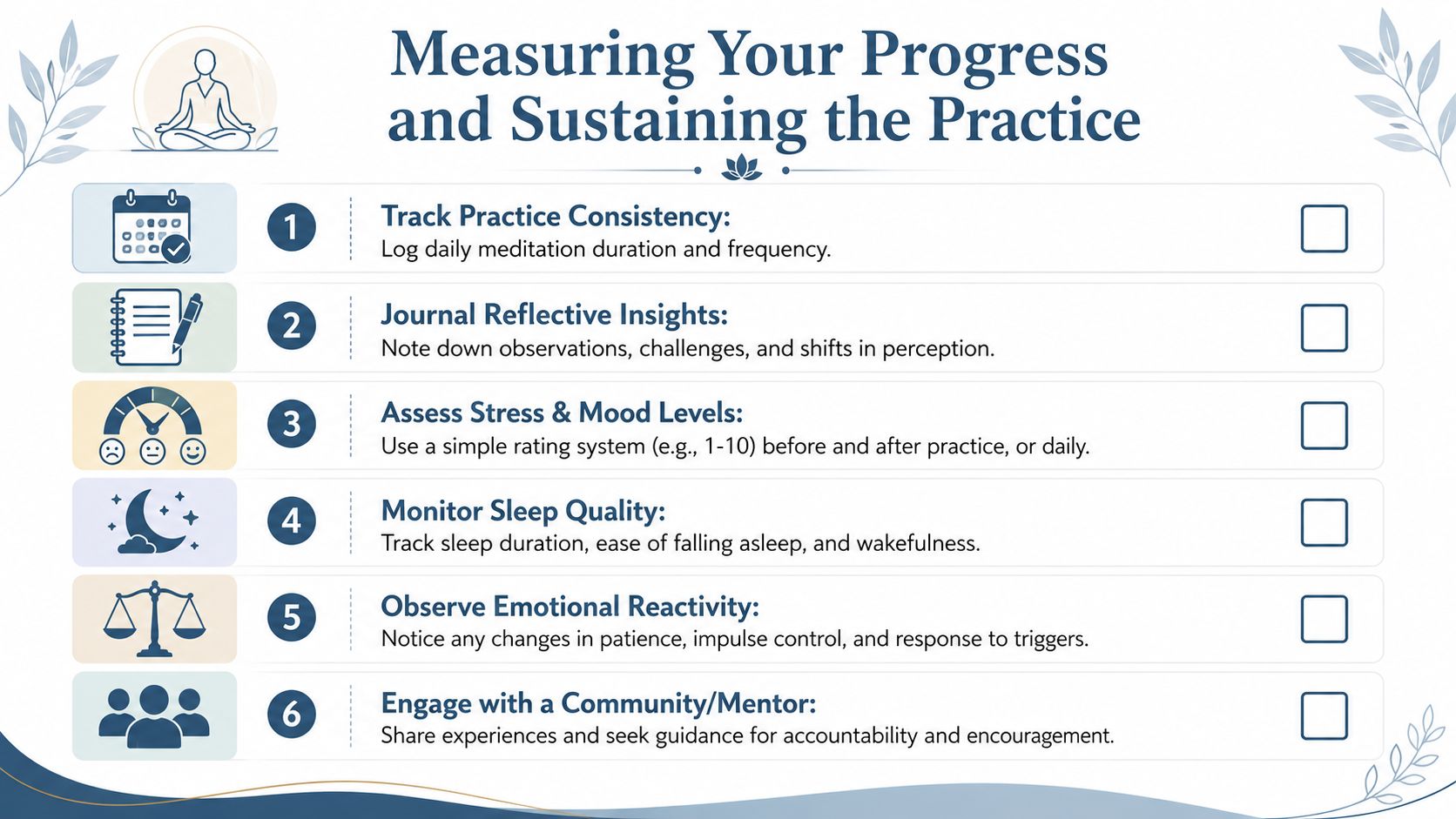 A checklist titled Measuring Your Progress and Sustaining the Practice, showing six steps for tracking meditation habits.