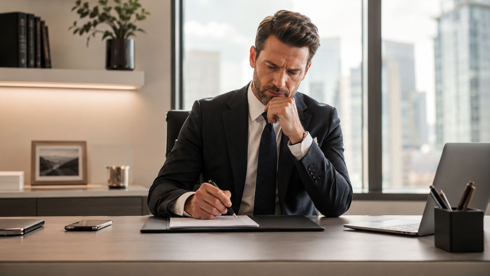 A professional man in a suit sitting at an office desk while writing on a document