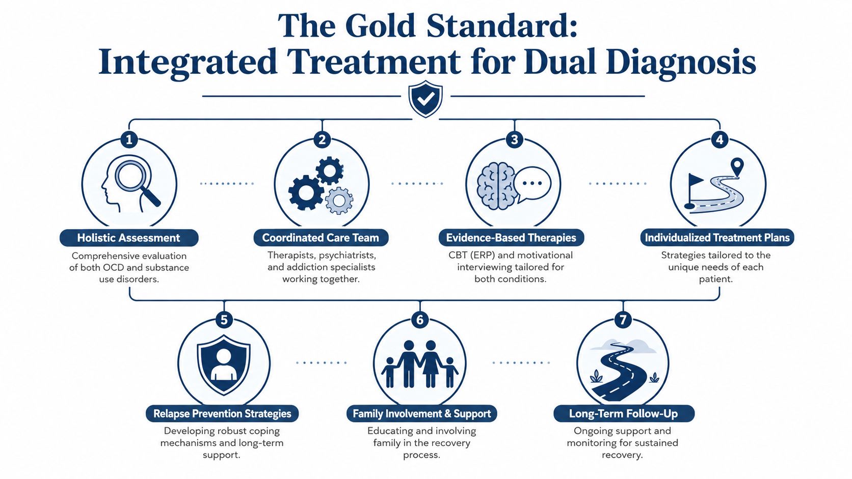 A diagram outlining the seven key steps of the gold standard for integrated dual diagnosis treatment.
