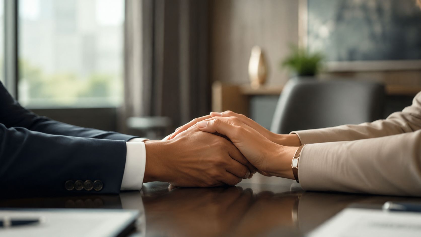 A professional man and woman holding hands on a dark office desk during a supportive meeting.
