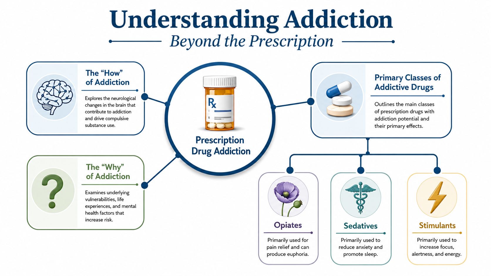An infographic titled Understanding Addiction illustrating neurological causes, risks, and classes of addictive prescription drugs.