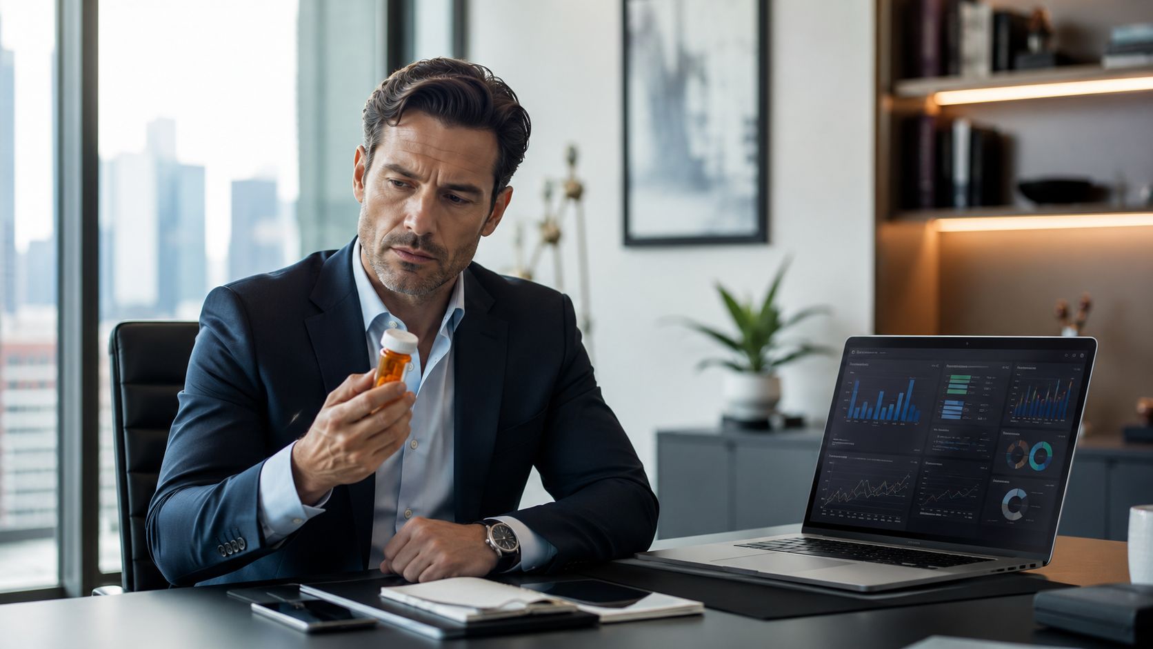 A pensive businessman in a suit sitting at his desk, holding a bottle of prescription medication.