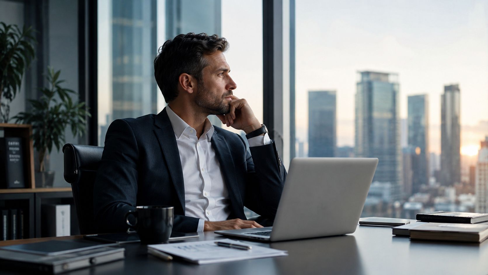 A professional businessman sitting at his office desk, looking thoughtful while reflecting toward a city skyline view.