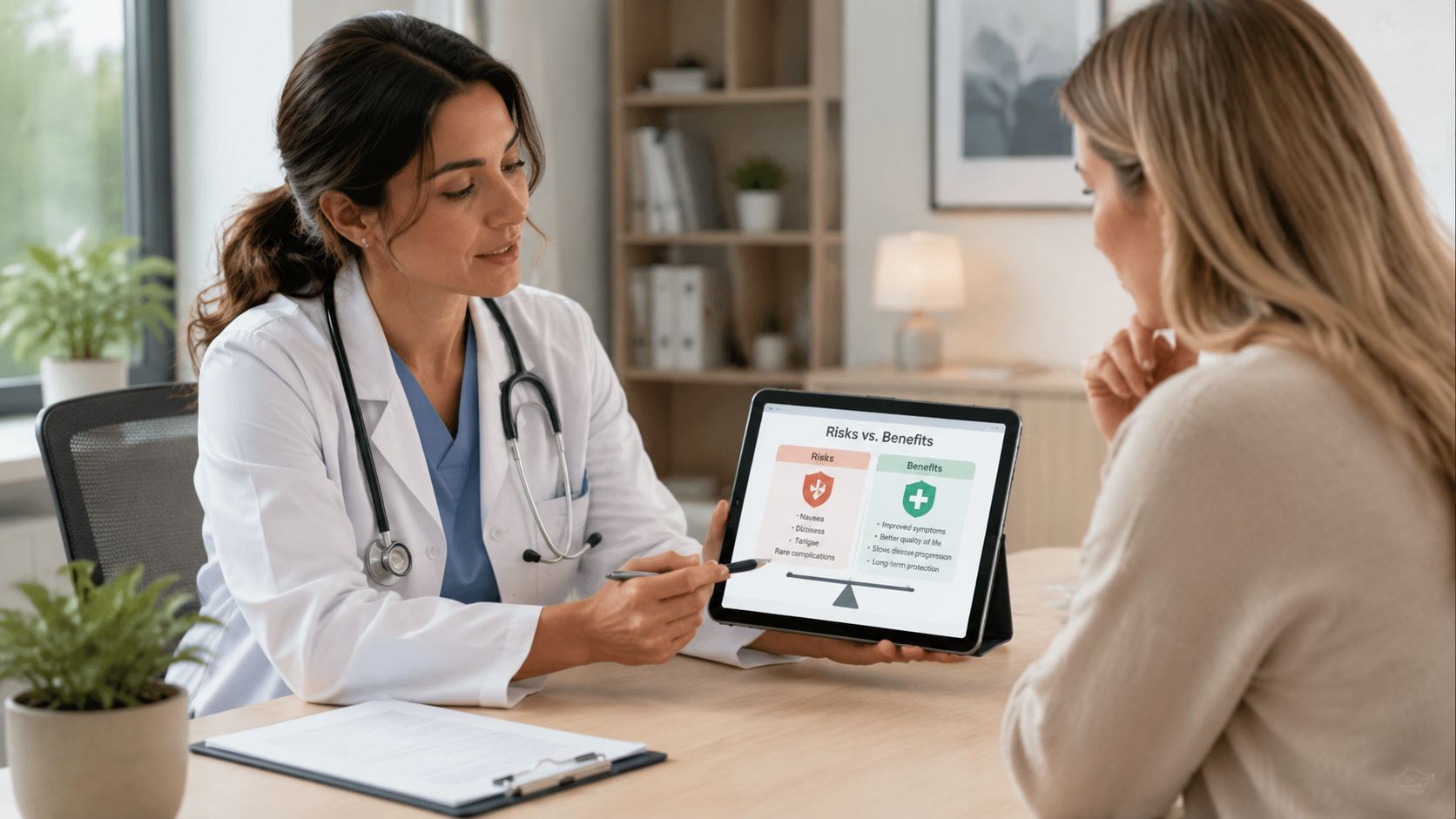 A female doctor discusses the risks and benefits of medication with her patient using a tablet screen.