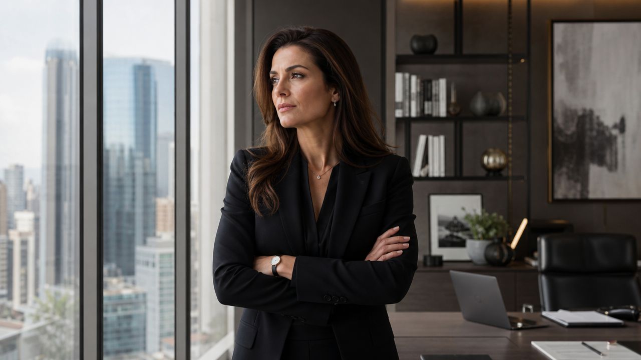 A professional businesswoman standing with arms crossed in a modern office overlooking a city skyline.