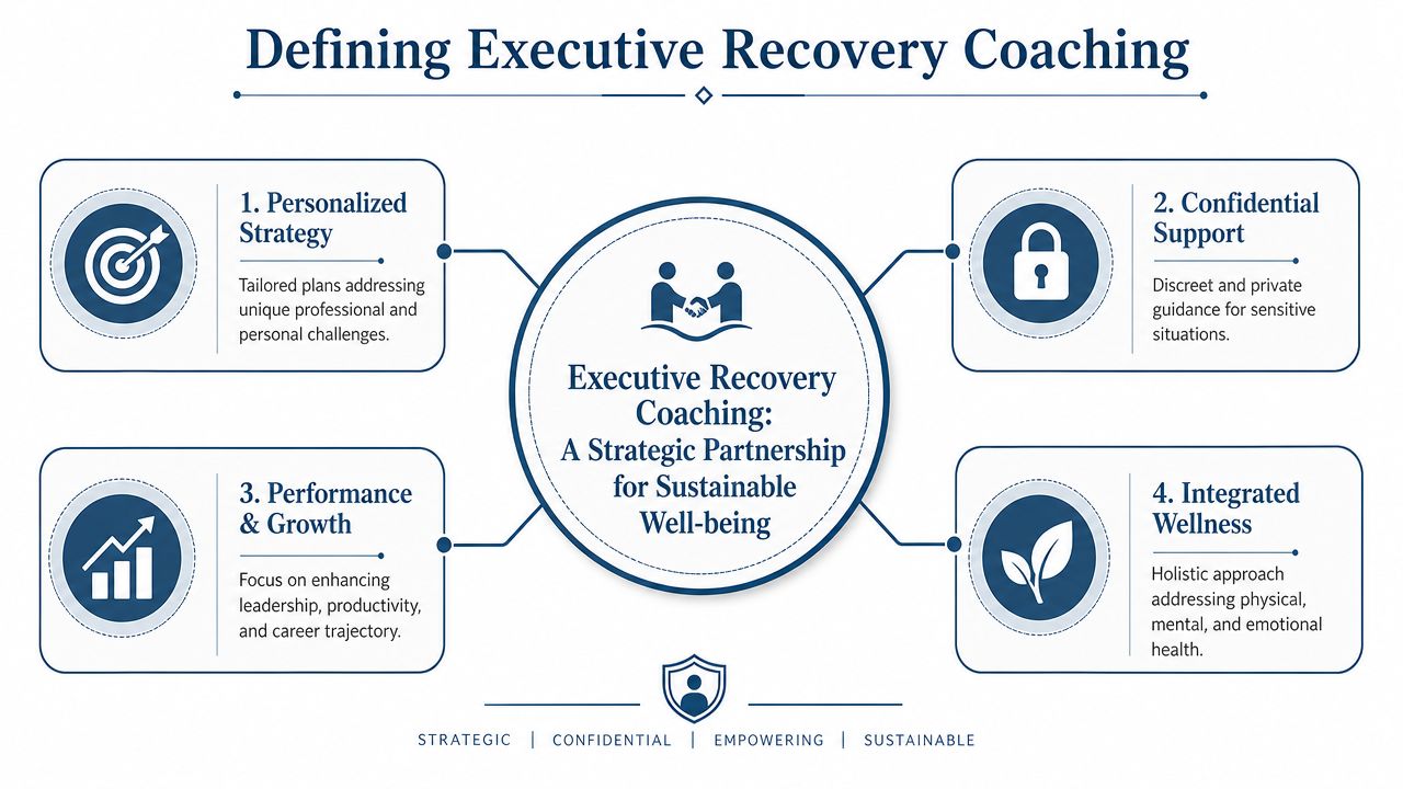 A diagram defining executive recovery coaching as a strategic partnership for sustainable well-being and professional growth.