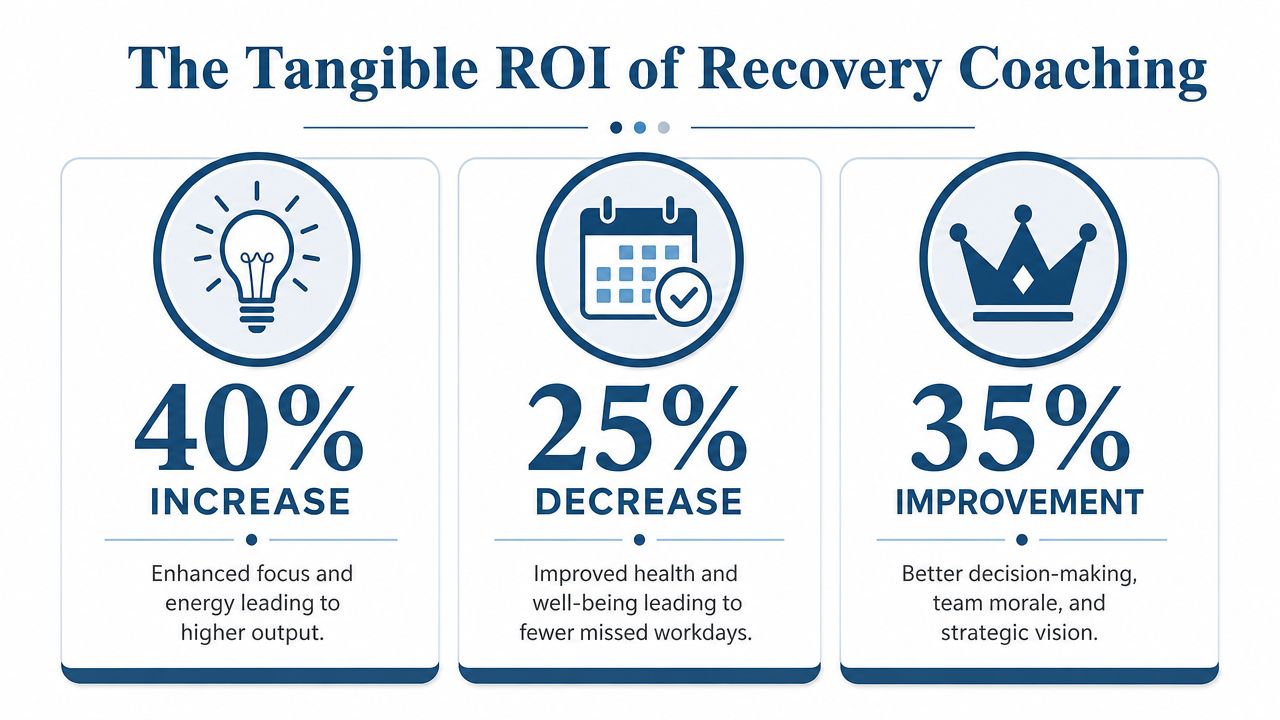 An infographic titled The Tangible ROI of Recovery Coaching illustrating statistics for increased focus, decreased absenteeism, and improved leadership.