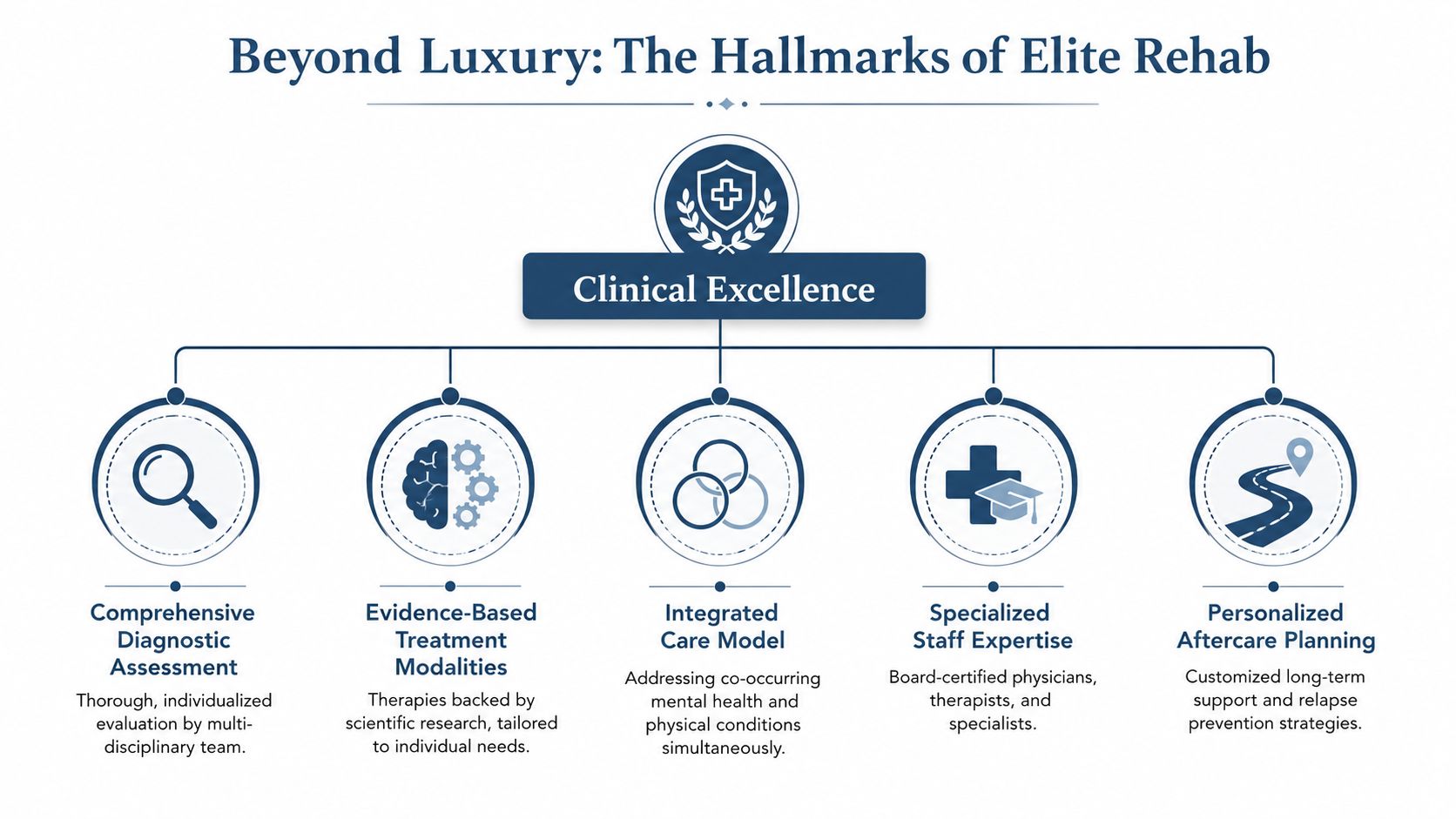 A diagram outlining the clinical excellence pillars of elite rehab centers, including assessment, treatment, and integrated care.