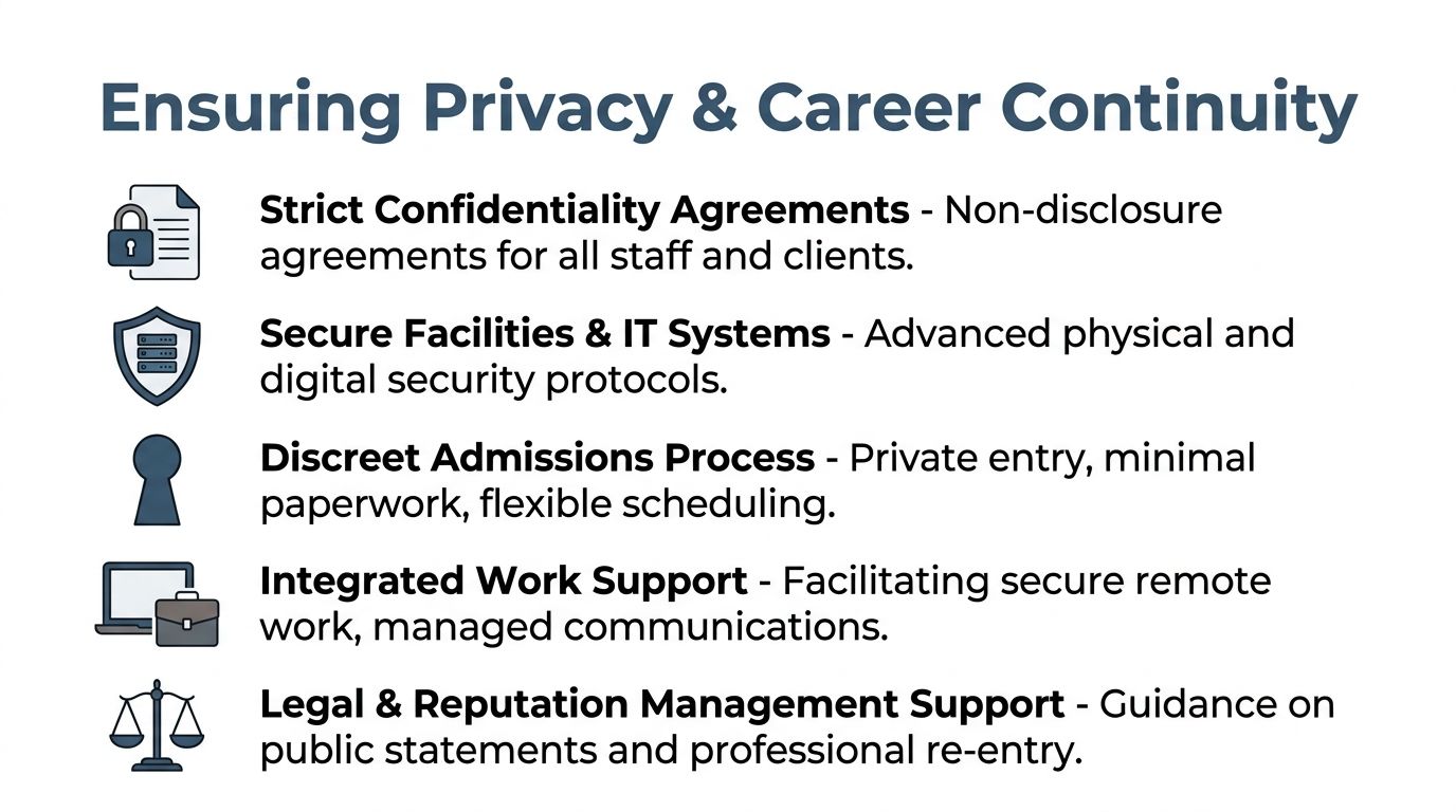 A list detailing measures for privacy and career continuity at a professional treatment facility for clients.