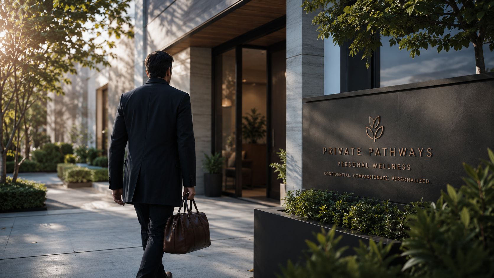 A professional man carrying a leather bag walking toward a Private Pathways wellness center entrance at sunset.