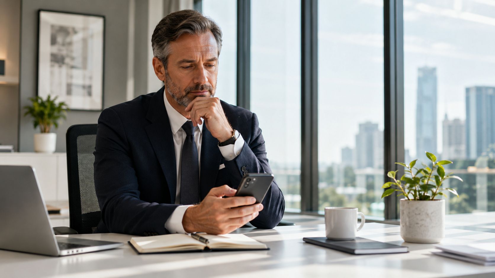 A professional man in a suit sits at a desk using his smartphone in a modern office.