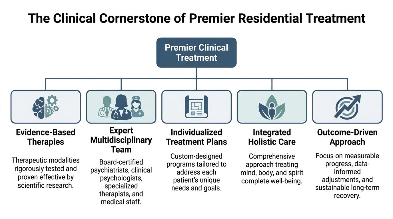 A diagram illustrating the core pillars of a premier clinical residential mental health treatment program.