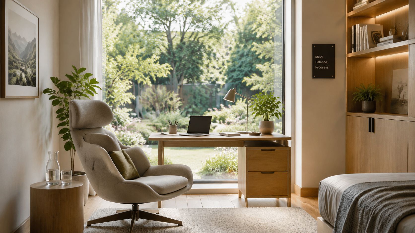 A serene home office featuring a comfortable armchair, a wooden desk with a laptop, and peaceful garden views.