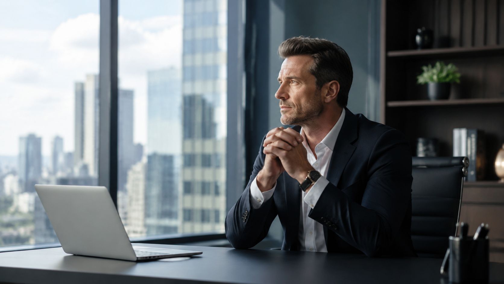 A professional man in a suit looking thoughtfully out of a skyscraper office window while sitting at his desk.