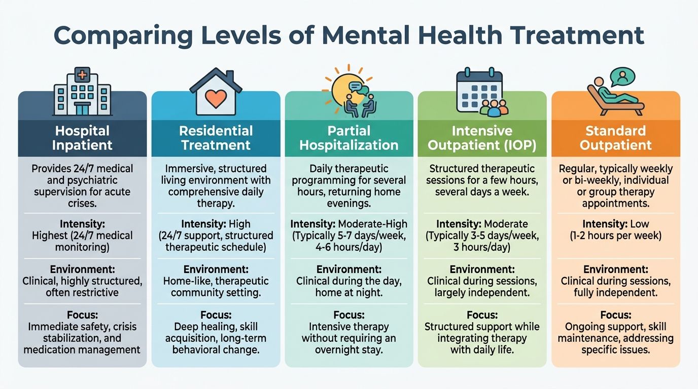 A chart comparing five different levels of mental health treatment, ranging from inpatient care to standard outpatient.