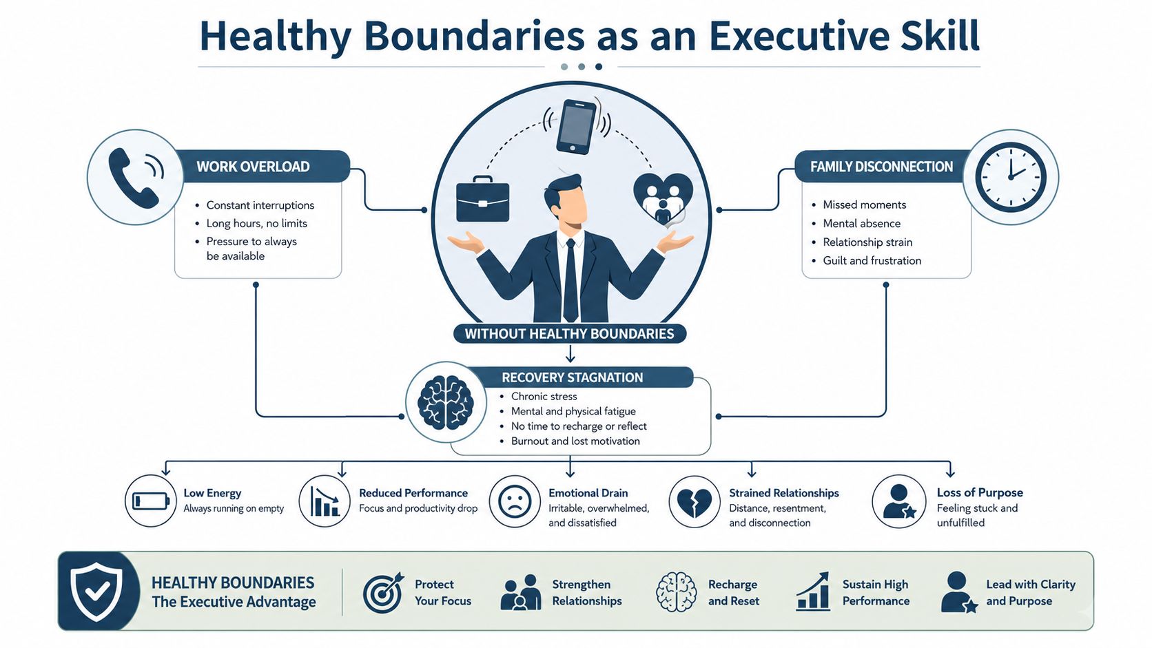A diagram illustrating how lacking healthy boundaries leads to stress, exhaustion, and reduced professional and personal success.