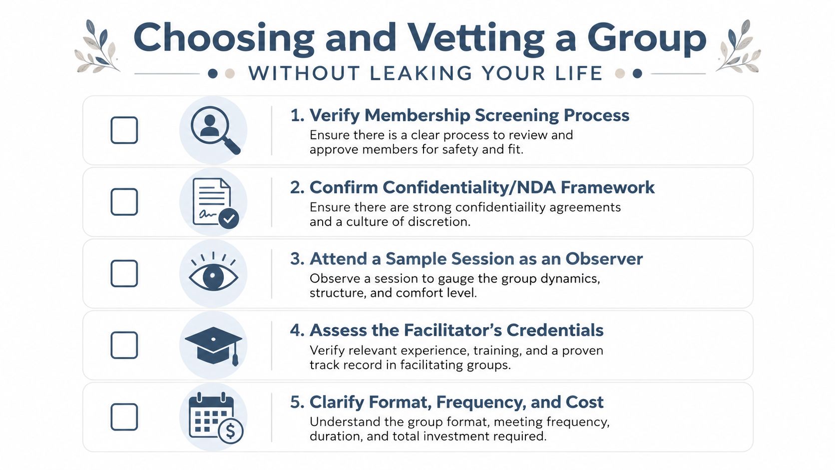 A checklist infographic titled Choosing and Vetting a Group, outlining five essential steps for evaluating support groups.