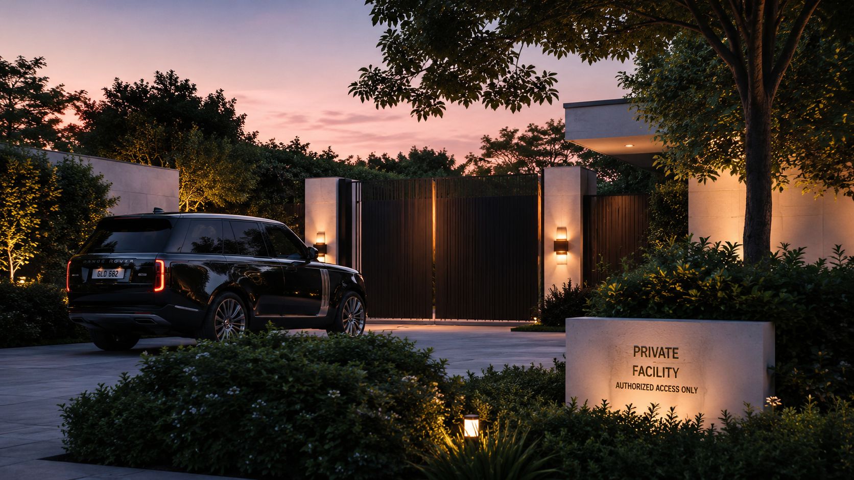 A luxurious black Range Rover parked in front of a private gated facility at sunset.