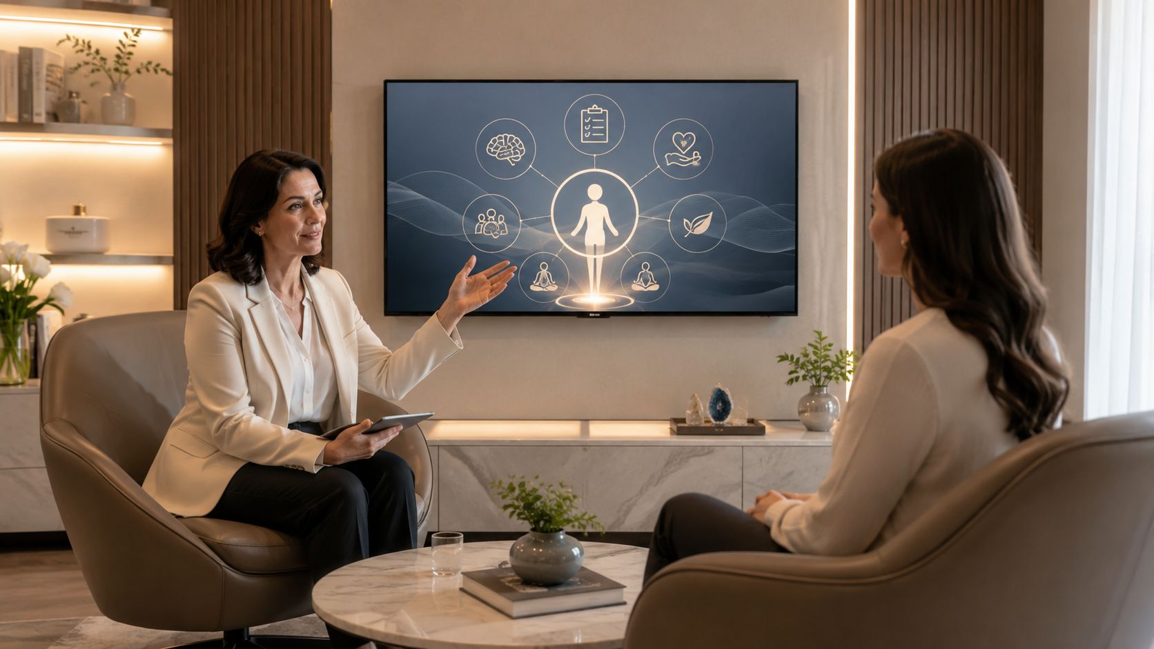 A professional therapist holds a consultation with a patient in a modern, calming office environment.