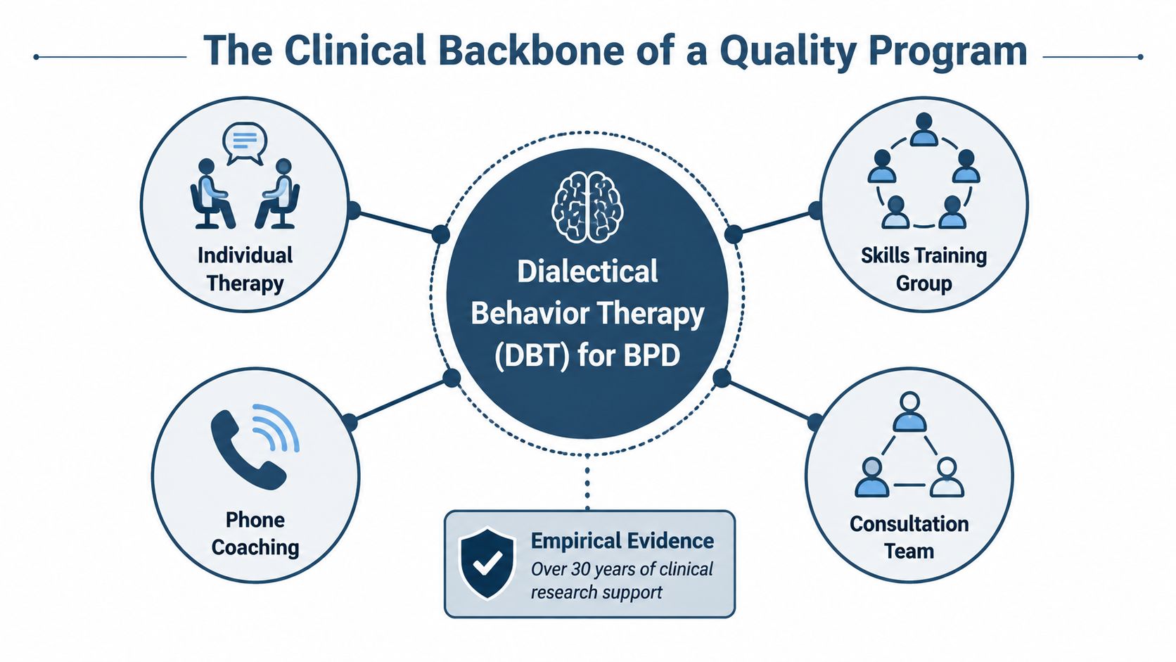 A diagram illustrating the four core components of Dialectical Behavior Therapy for treating Borderline Personality Disorder.