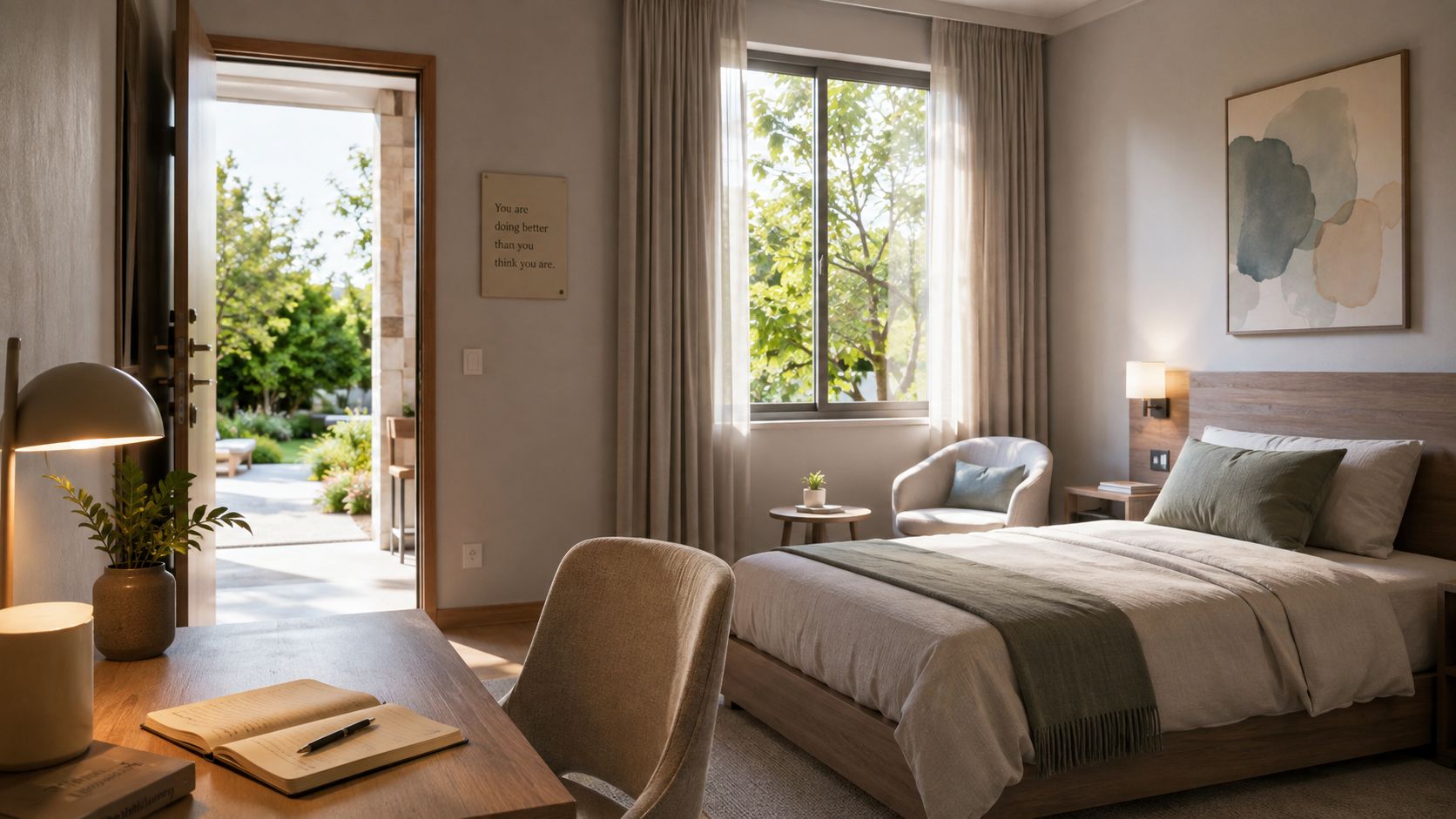 A peaceful and serene modern bedroom in a residential treatment center with natural sunlight and outdoor access.
