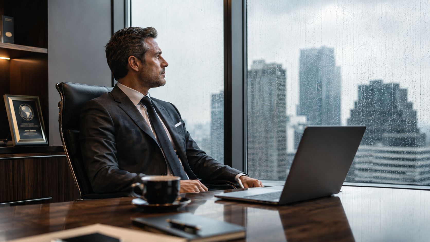 A successful businessman looks pensively out of a high-rise office window while sitting at his desk.