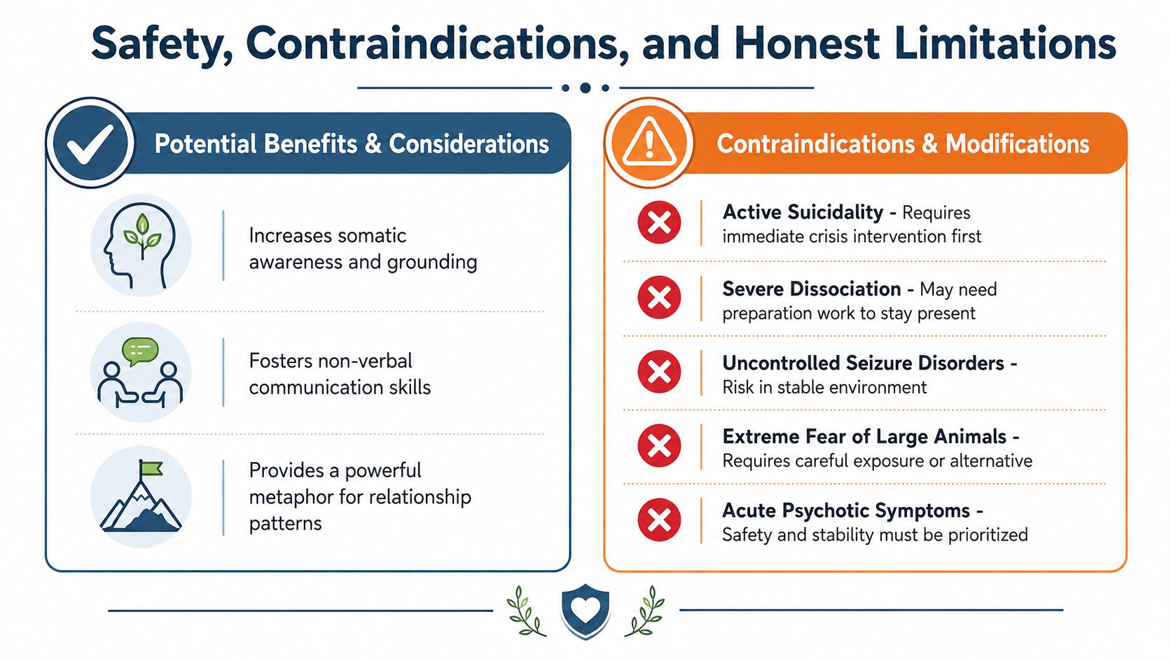 An infographic titled Safety, Contraindications, and Honest Limitations listing benefits and clinical cautions for therapy.