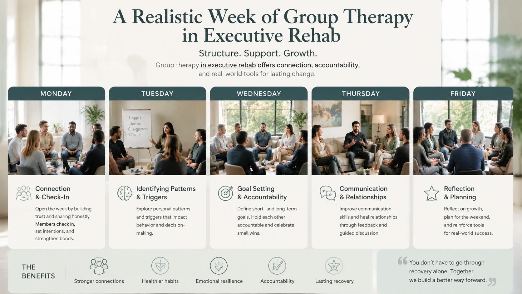 A weekly schedule of group therapy sessions in an executive rehab setting highlighting connection and recovery benefits.