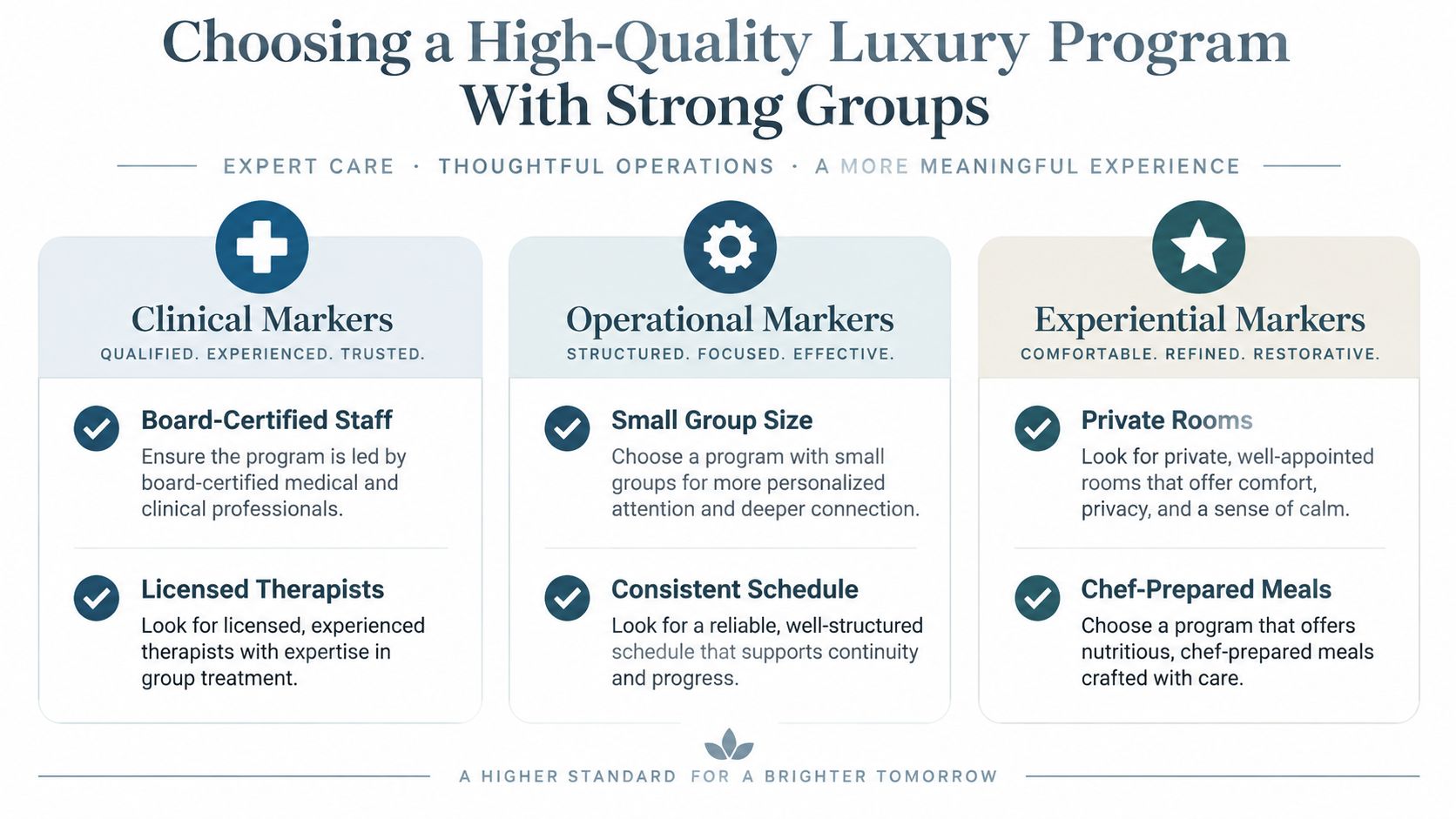 An infographic titled Choosing a High-Quality Luxury Program with Strong Groups, outlining key clinical, operational, and experiential markers.