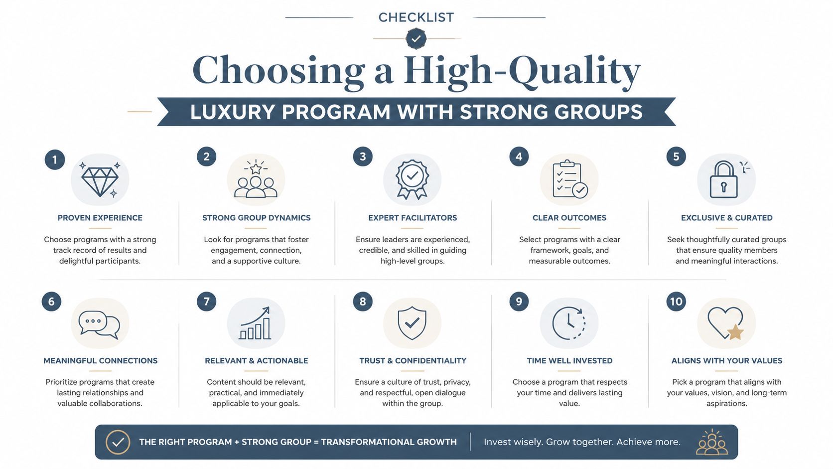 A checklist infographic outlining ten key criteria for choosing a high-quality luxury professional development program.