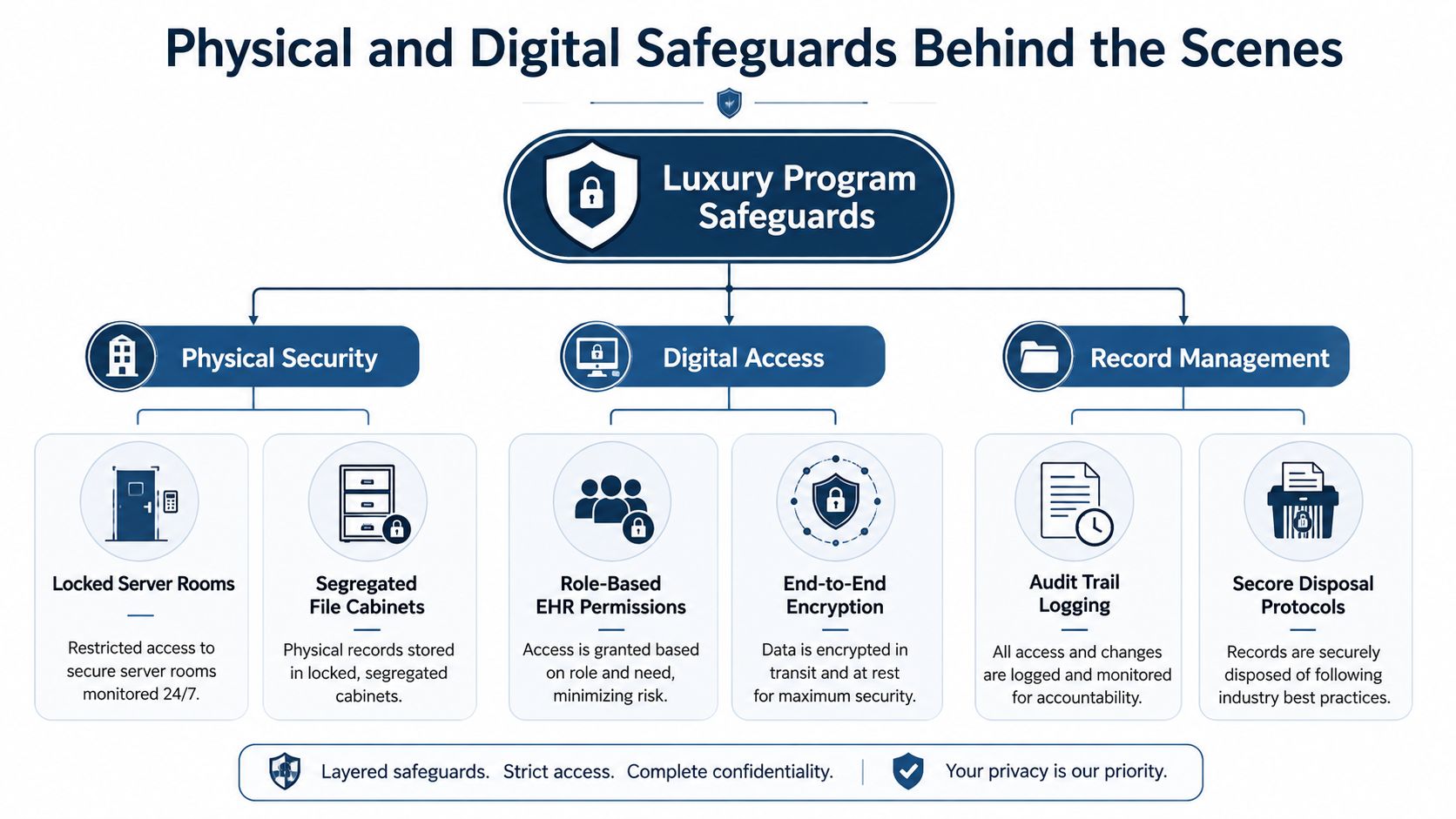 A diagram illustrating physical and digital security safeguards including server rooms, encryption, and audit logs for confidentiality.