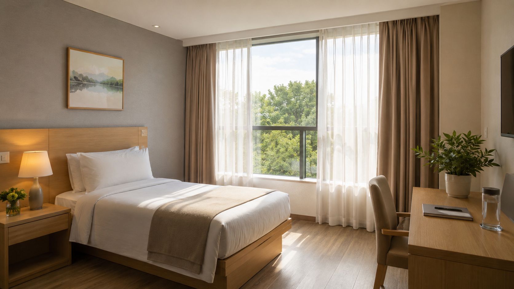 A serene bedroom in a luxury rehab facility featuring a comfortable bed, wooden furniture, and scenic window views.
