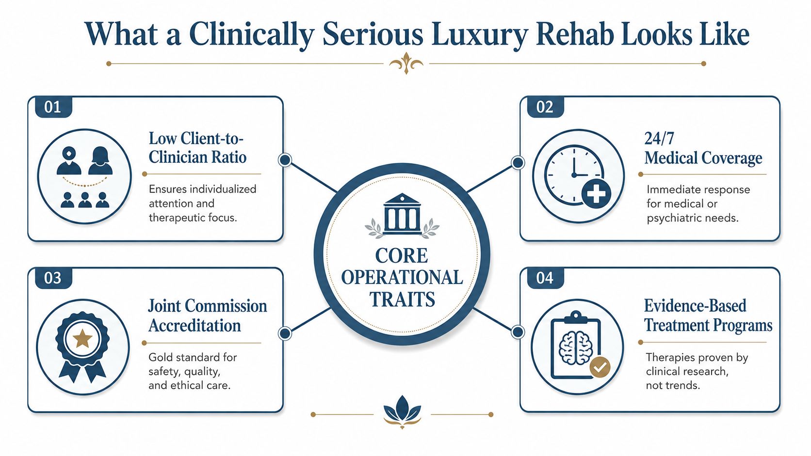 An infographic detailing four core operational traits of a clinically serious luxury rehab facility for treatment centers.