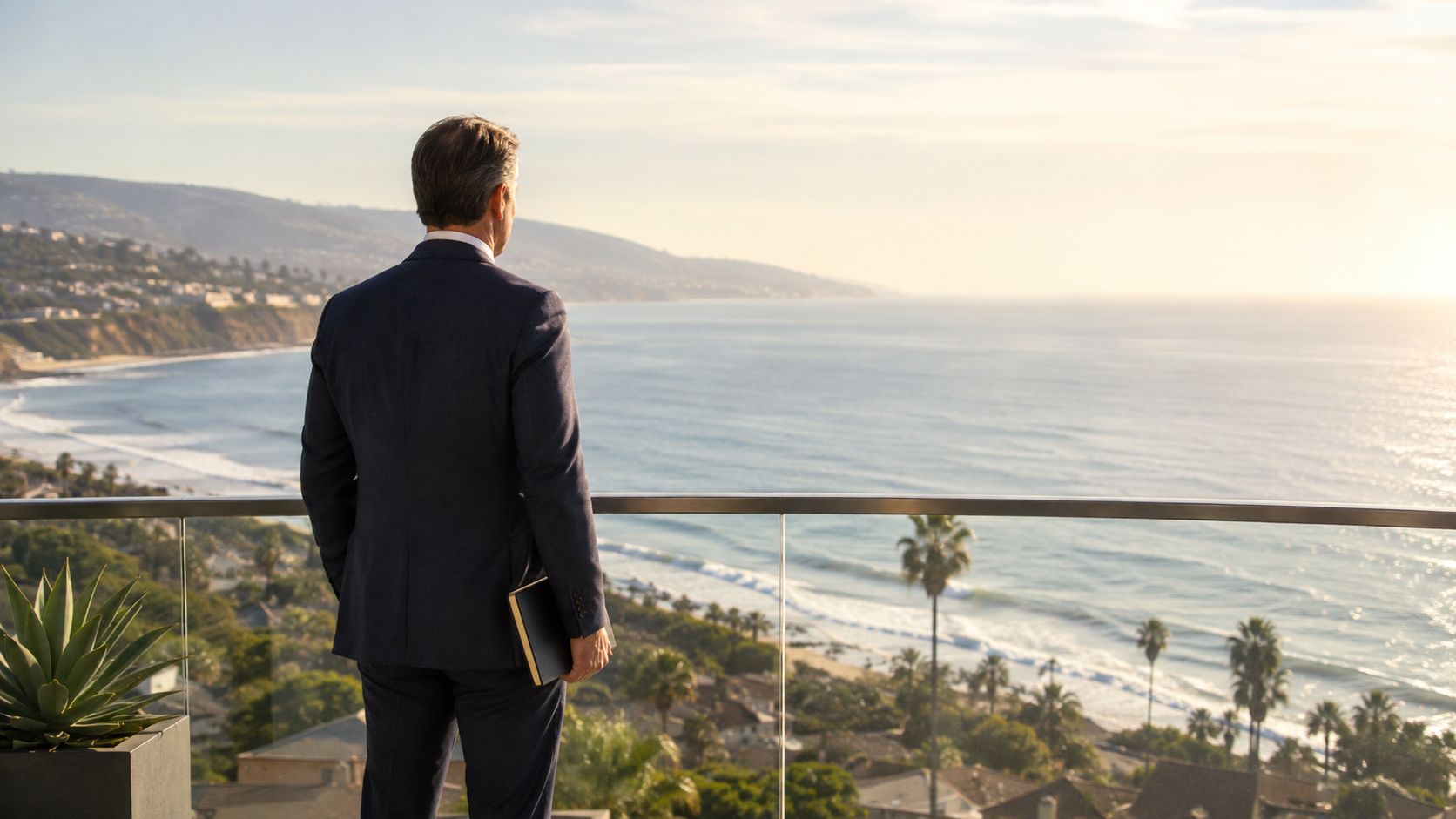 A professional man in a suit looks out over the ocean from a balcony in California.