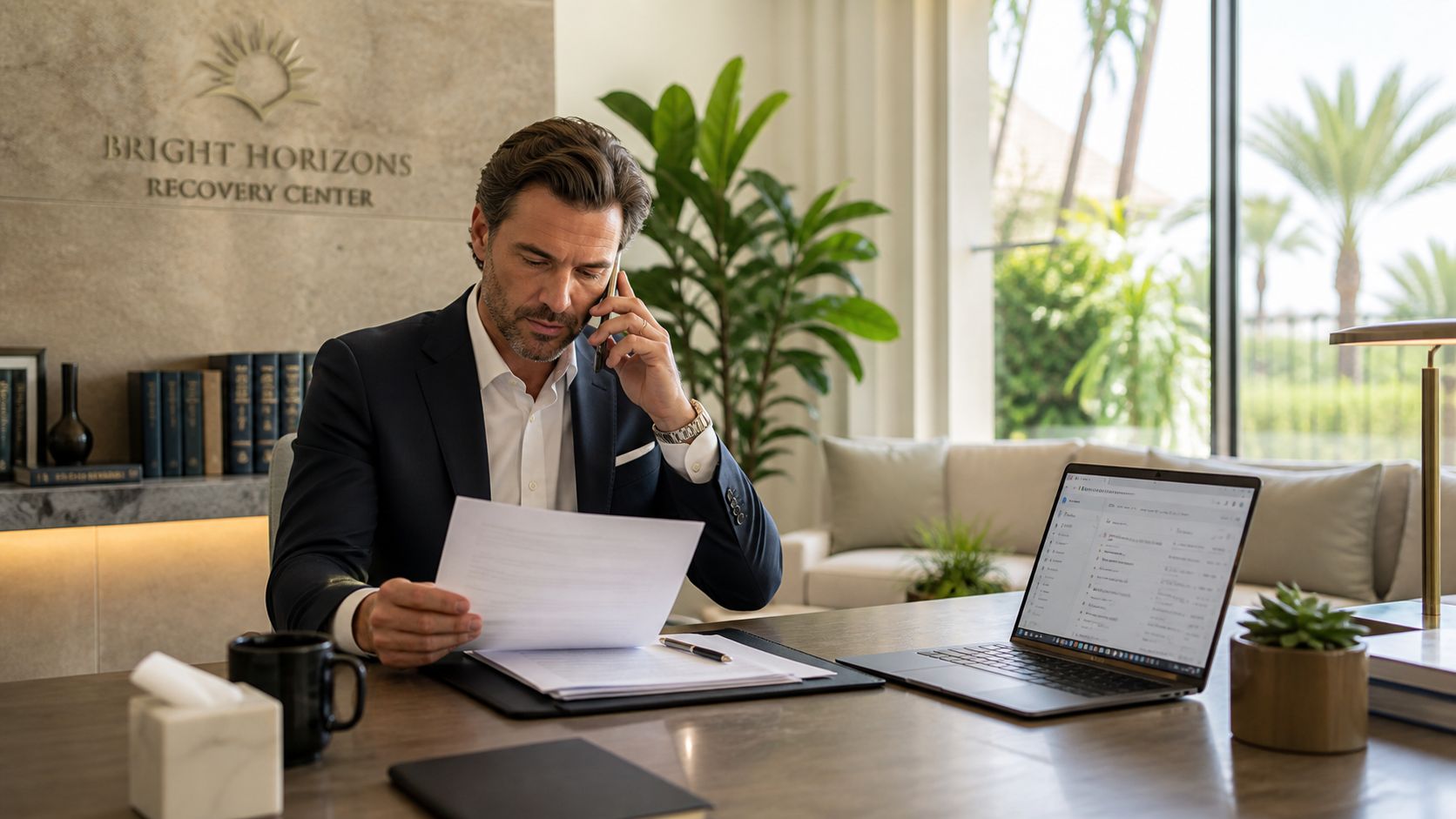 A professional man in a suit working at an office desk, reviewing documents while on a phone call.