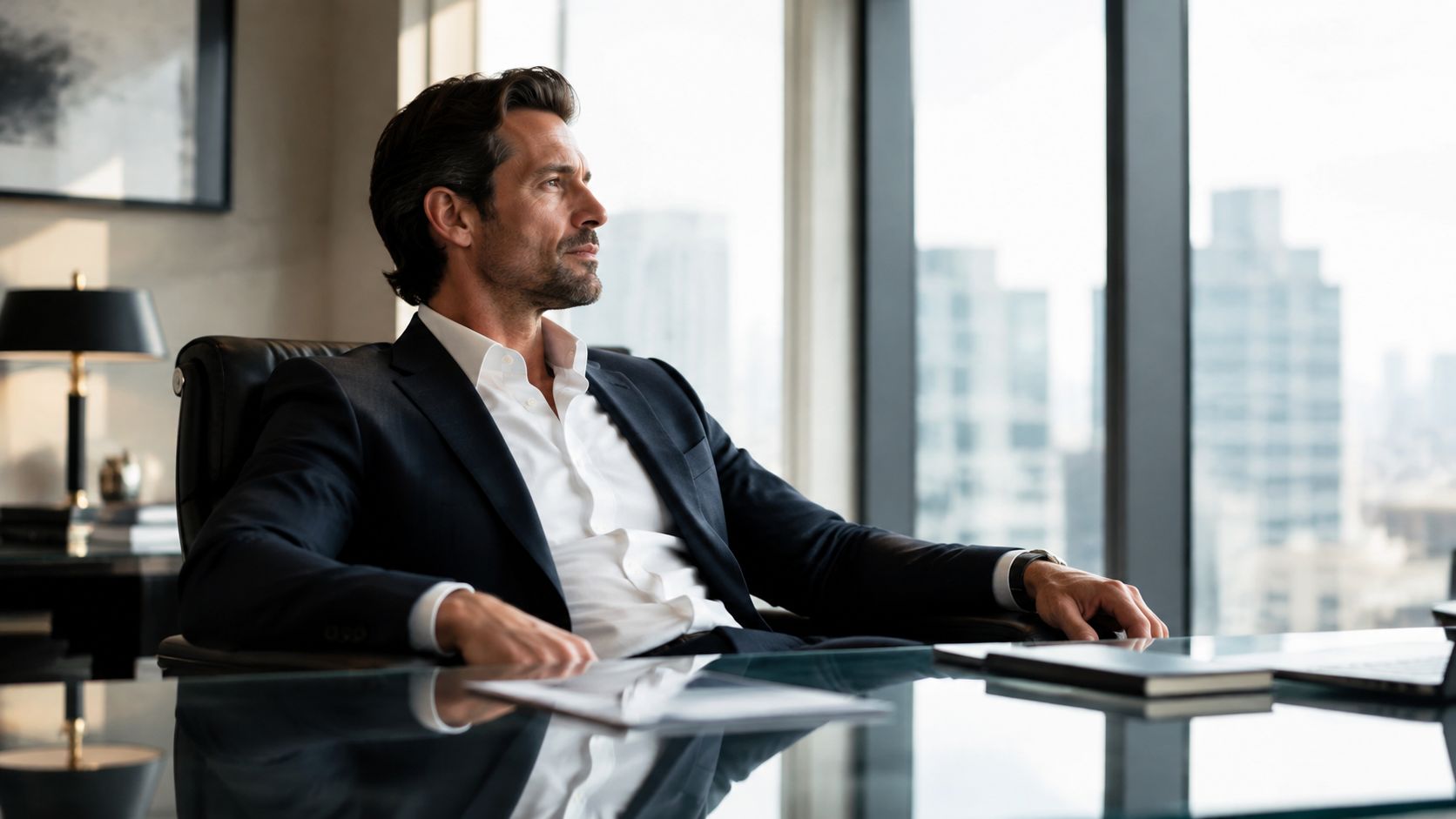 A professional man in a suit looking out the window of a modern office city high-rise.
