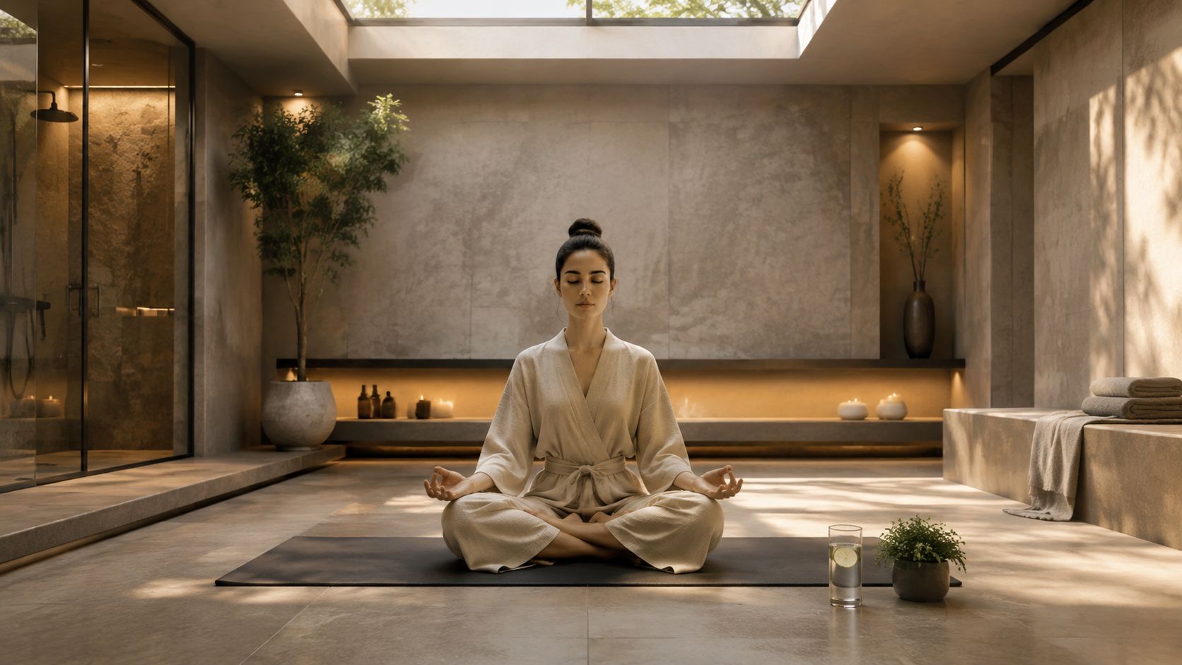 A woman in a robe meditates on a yoga mat in a serene, modern spa-like room.