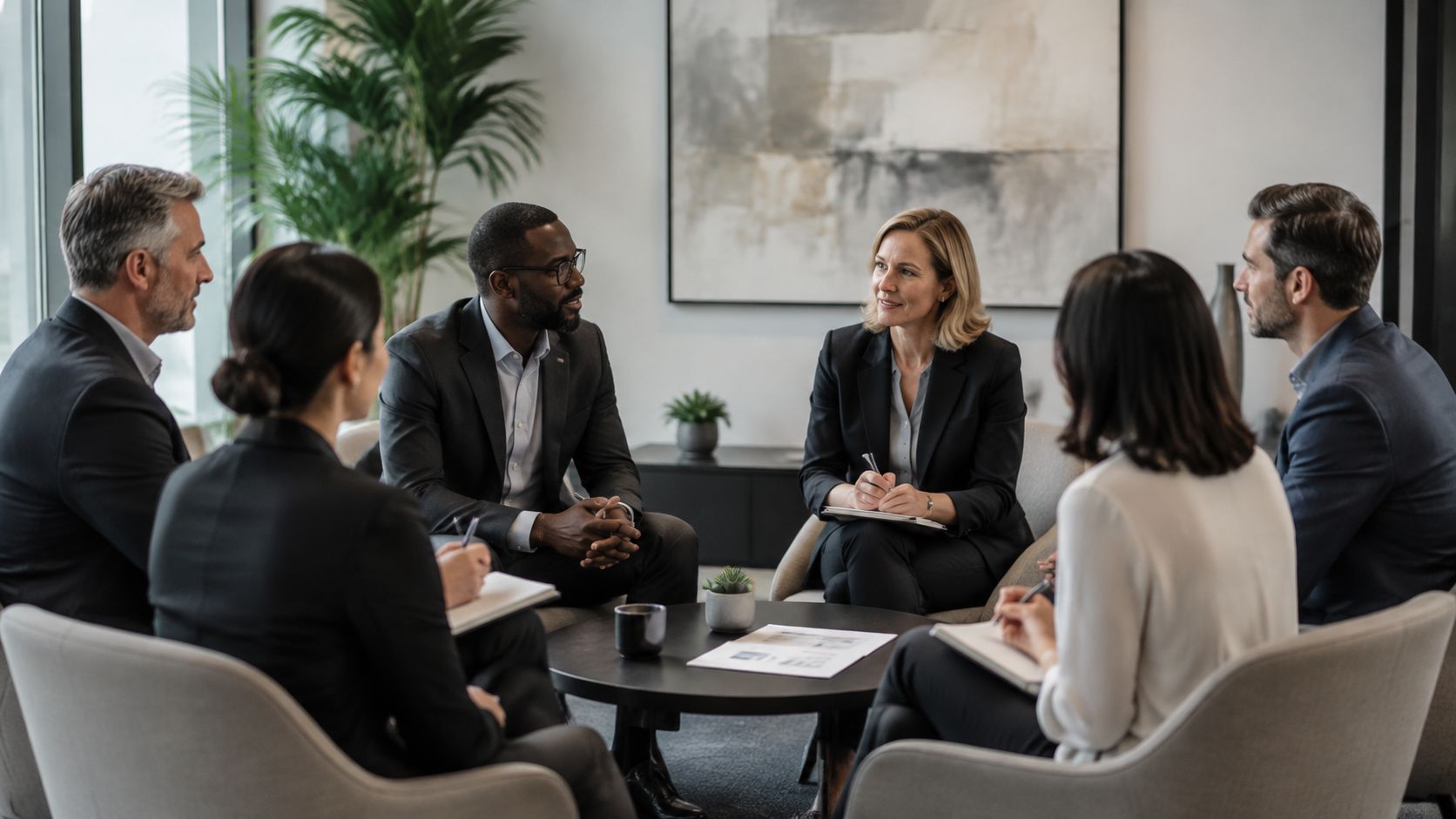 A professional team of diverse business people sitting in a circle for a meeting in an office.