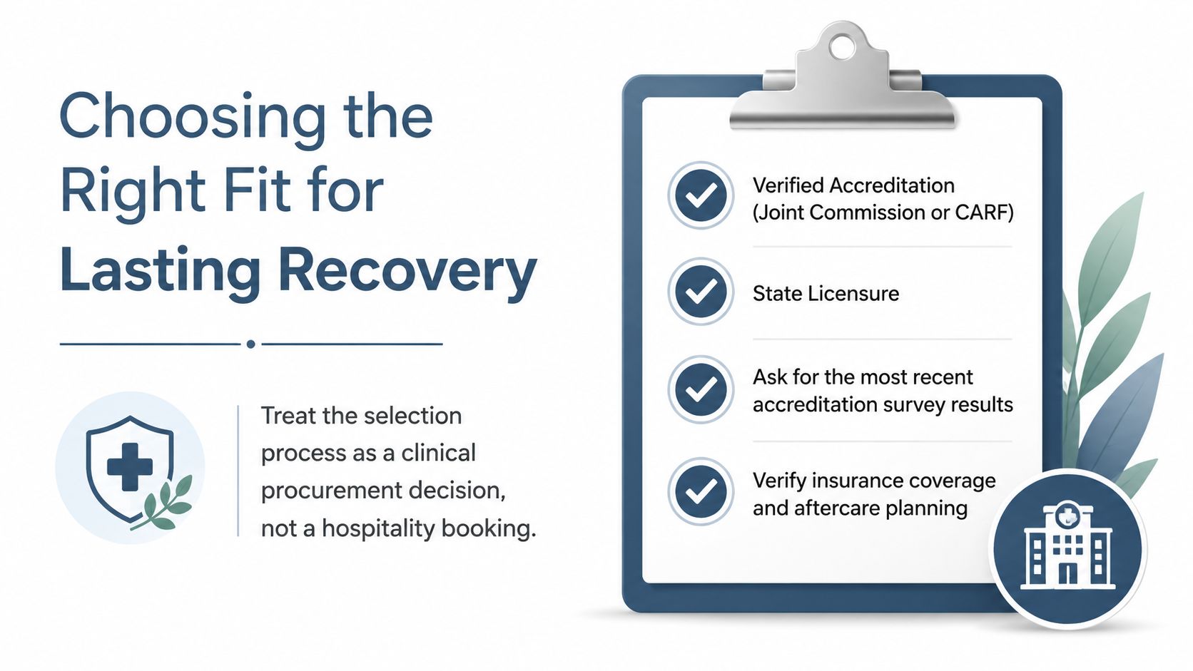 A checklist infographic illustrating key criteria for selecting a high-quality residential dual diagnosis treatment recovery center.