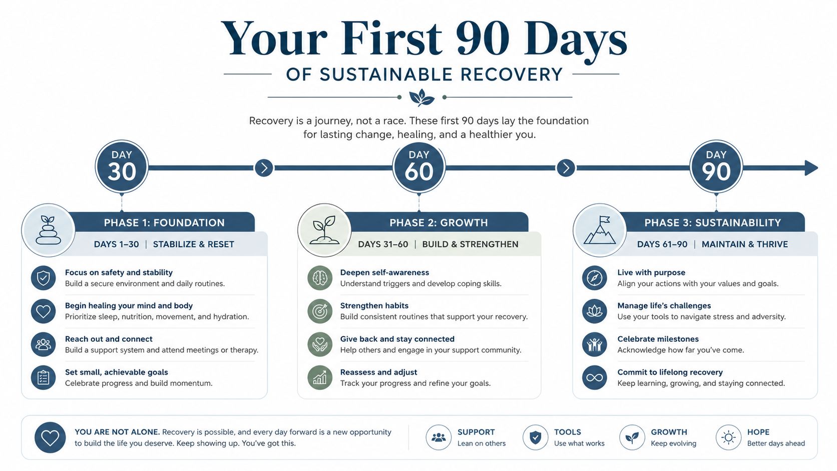 An infographic titled Your First 90 Days of Sustainable Recovery outlining three phases of personal development.