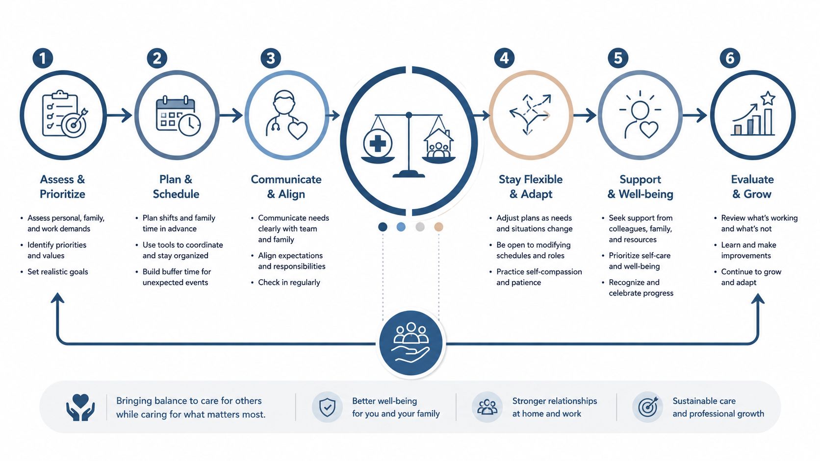 A six-step infographic illustrating a balanced approach to managing personal, family, and professional life priorities.