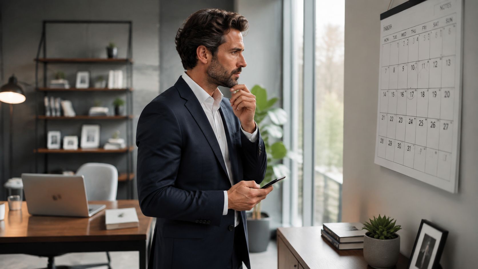 A professional man in a suit looking thoughtfully at a wall calendar in his modern office workspace.