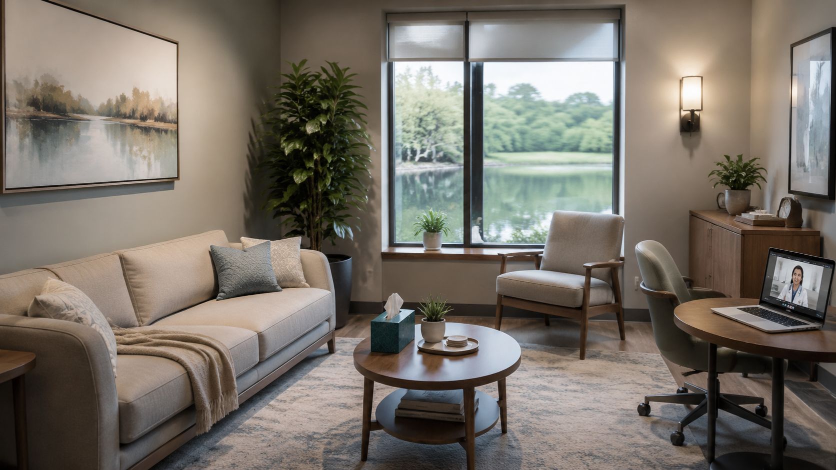 A serene, modern therapy office featuring a comfortable couch, armchair, and a laptop displaying a virtual session.