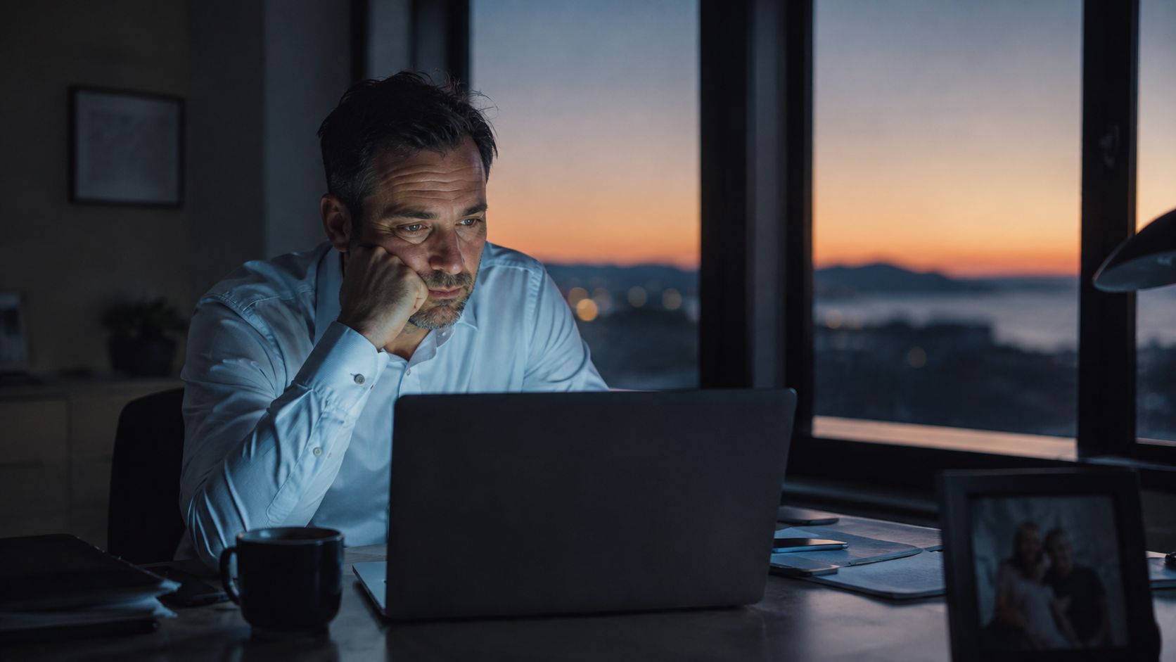 A tired businessman working late at his desk in an office with a view of a sunset.