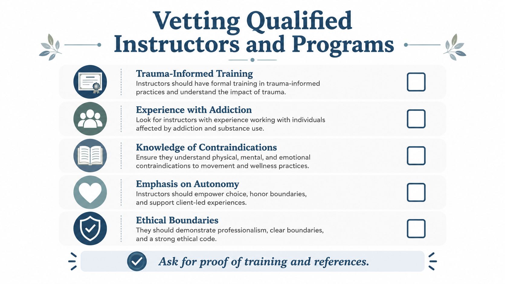 A checklist infographic titled Vetting Qualified Instructors and Programs for trauma-informed wellness and addiction support.