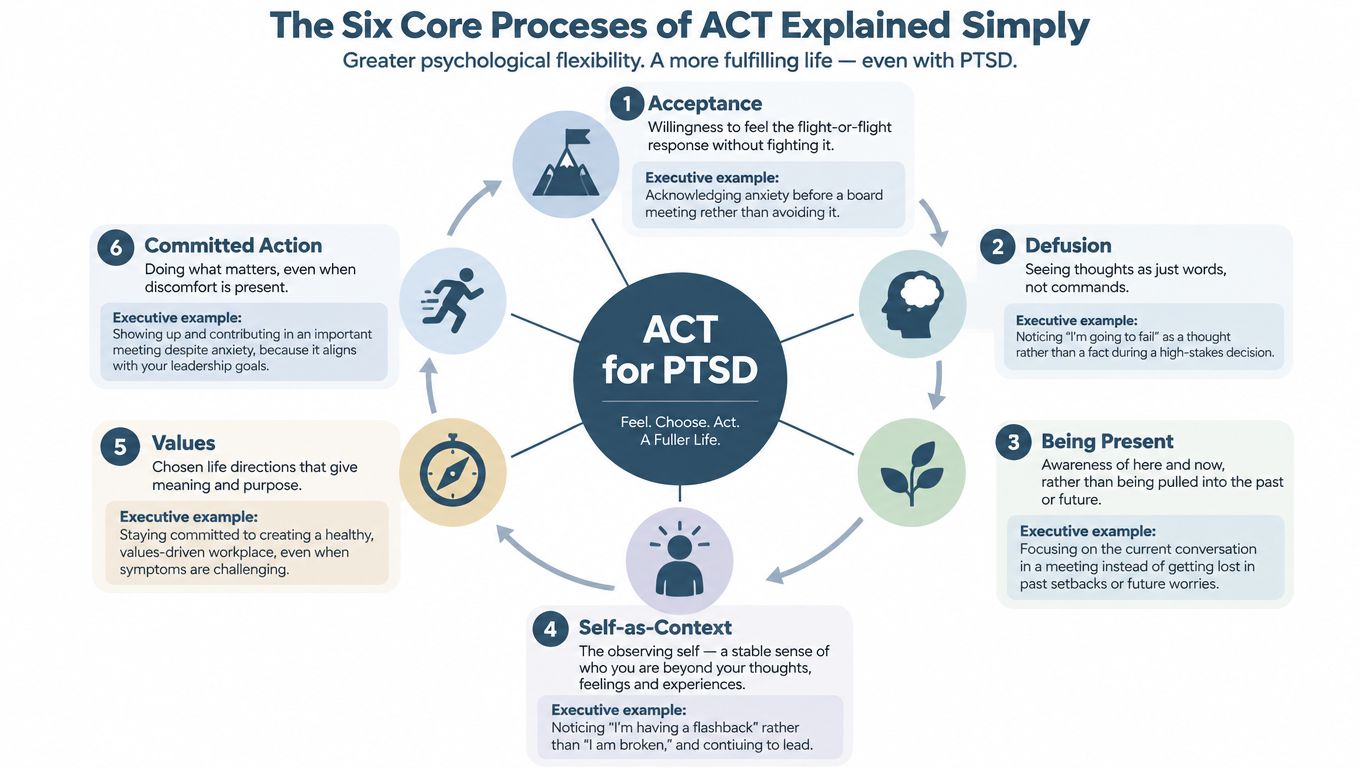 A diagram illustrating the six core processes of ACT therapy designed for managing PTSD and building resilience.