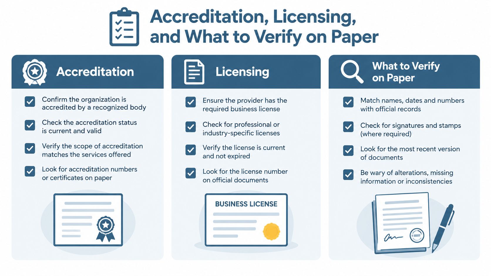 A checklist infographic illustrating the steps for verifying accreditation, business licenses, and official documentation for service providers.