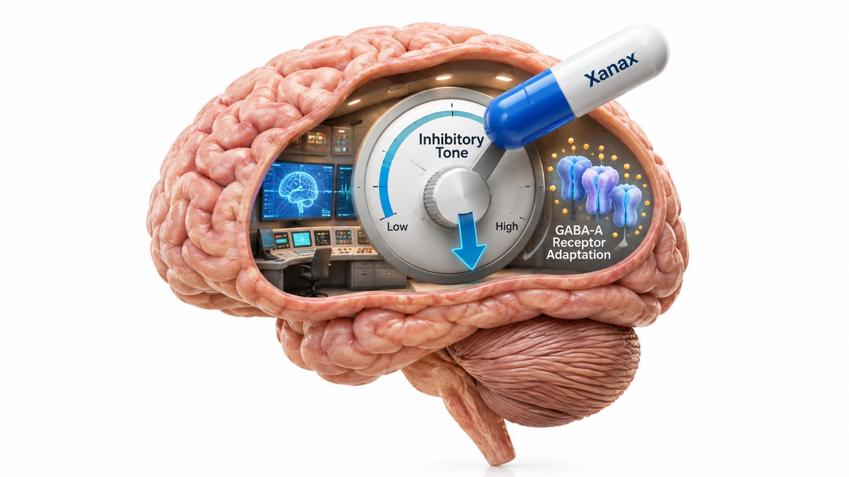 A 3D illustration of a human brain featuring a control dial for inhibitory tone and Xanax medication.