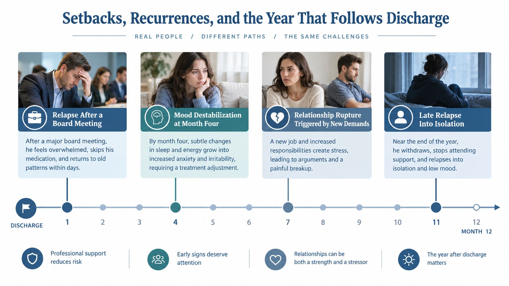 A timeline graphic showing potential challenges and setbacks for people recovering from illness during the year after discharge.