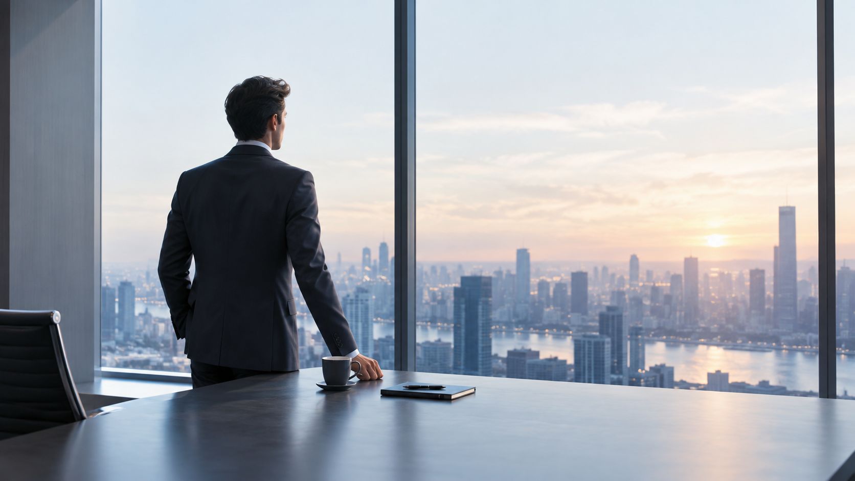 A professional man in a suit looking out of a large office window at a city skyline.